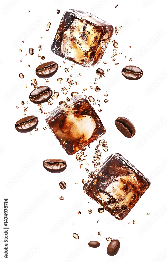 coffee ice cubes, flying with coffee grains, isolated on white background