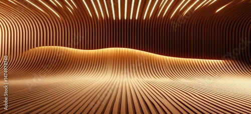 Fototapeta Naklejka Na Ścianę i Meble -  Golden, curved architectural space with glowing lines