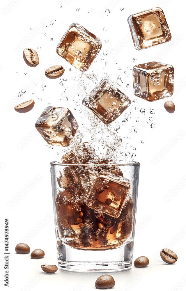 coffee ice cubes, flying with coffee grains, isolated on white background