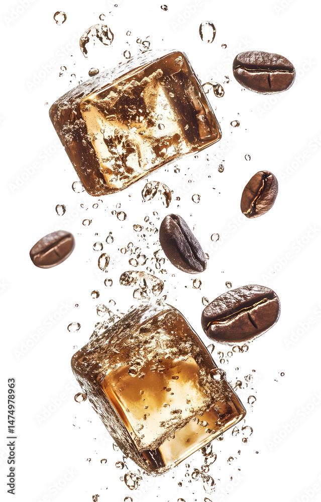 coffee ice cubes, flying with coffee grains, isolated on white background
