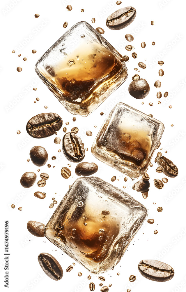 coffee ice cubes, flying with coffee grains, isolated on white background