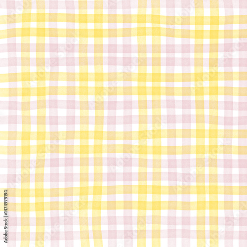Pink Yellow Plaid Gingham Check Hand Drawn Background Pattern