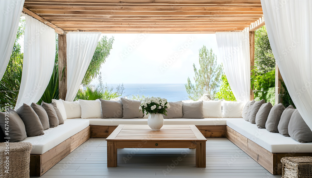 Elegant outdoor lounge area with white curtains and ocean view for relaxation and tranquility. A serene outdoor lounge area with flowing white curtains and beautiful ocean view