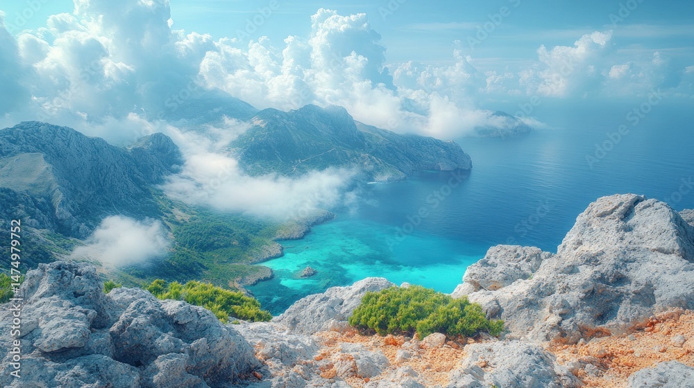 Naklejka premium Stunning aerial view of turquoise ocean cove nestled in mountainous terrain, shrouded in mist.