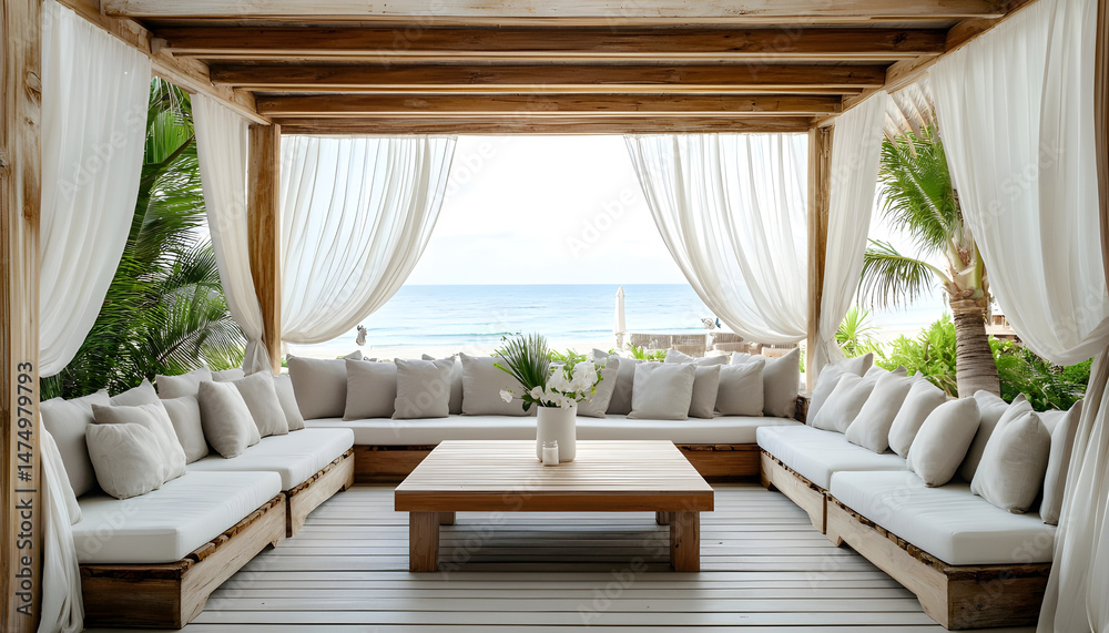 Elegant outdoor lounge area with white curtains and ocean view for relaxation and tranquility. A serene outdoor lounge area with flowing white curtains and beautiful ocean view