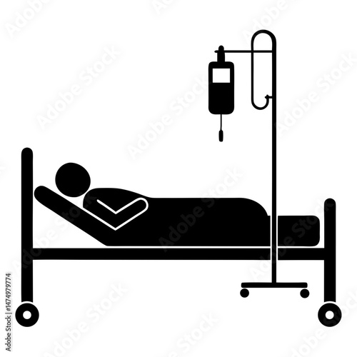 Patient in bed with iv drip silhouette vector illustration