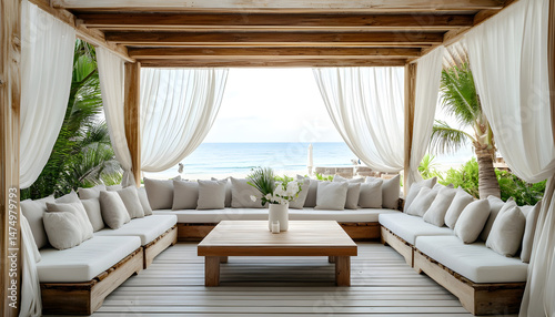 Obraz na płótnie Elegant outdoor lounge area with white curtains and ocean view for relaxation and tranquility. A serene outdoor lounge area with flowing white curtains and beautiful ocean view w salonie