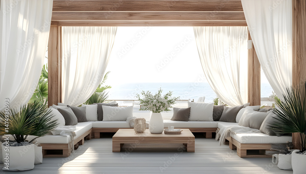 Elegant outdoor lounge area with white curtains and ocean view for relaxation and tranquility. A serene outdoor lounge area with flowing white curtains and beautiful ocean view