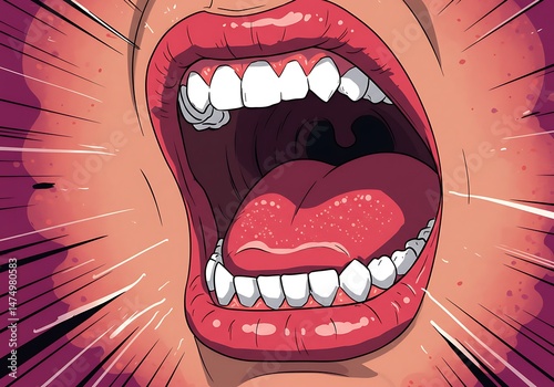 Cartoon mouth shouting loudly with wide open teeth