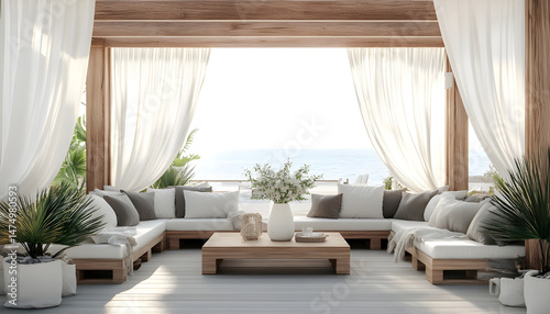 Obraz na płótnie Elegant outdoor lounge area with white curtains and ocean view for relaxation and tranquility. A serene outdoor lounge area with flowing white curtains and beautiful ocean view w salonie