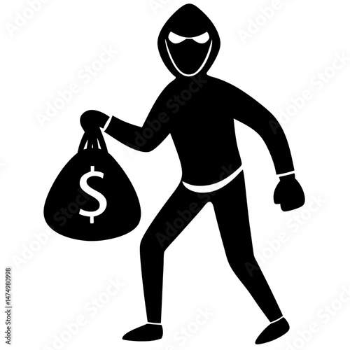 Thief with money bag silhouette vector illustration