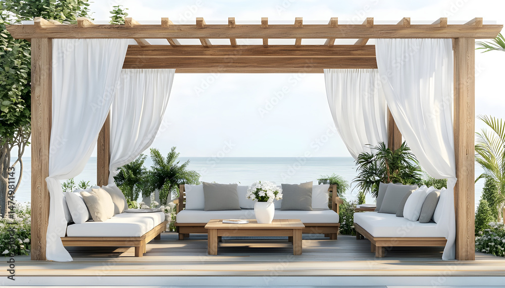 Elegant outdoor lounge area with white curtains and ocean view for relaxation and tranquility. A serene outdoor lounge area with flowing white curtains and beautiful ocean view