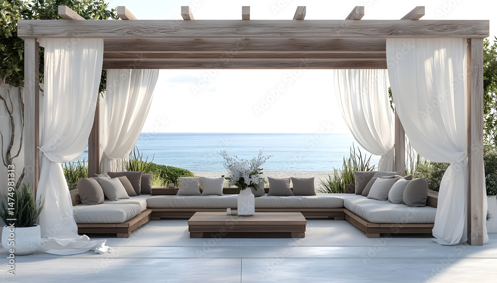 Elegant outdoor lounge area with white curtains and ocean view for relaxation and tranquility. A serene outdoor lounge area with flowing white curtains and beautiful ocean view