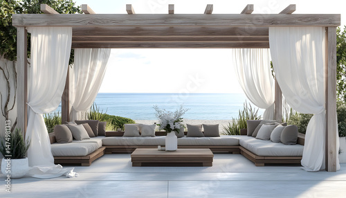 Obraz na płótnie Elegant outdoor lounge area with white curtains and ocean view for relaxation and tranquility. A serene outdoor lounge area with flowing white curtains and beautiful ocean view w salonie