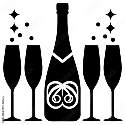Champagne bottle and glasses silhouette vector illustration