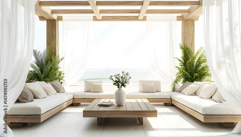 Elegant outdoor lounge area with white curtains and ocean view for relaxation and tranquility. A serene outdoor lounge area with flowing white curtains and beautiful ocean view