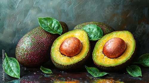 Fresh avocados with leaves on dark background for culinary and health concepts