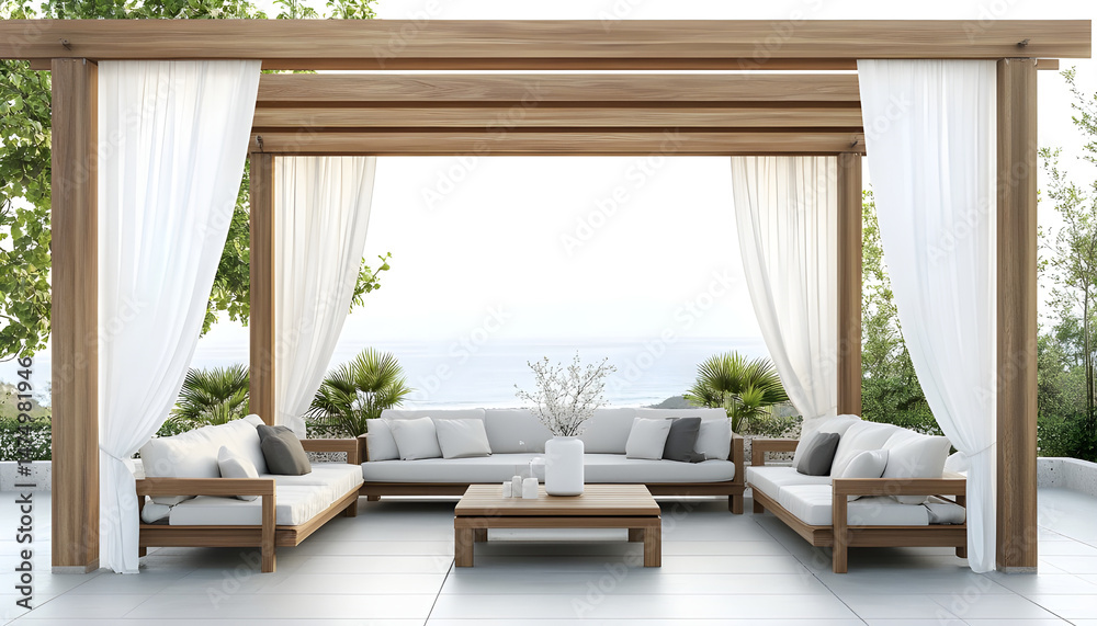 Elegant outdoor lounge area with white curtains and ocean view for relaxation and tranquility. A serene outdoor lounge area with flowing white curtains and beautiful ocean view