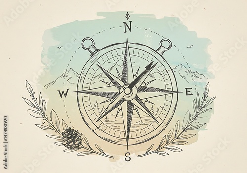 Wallpaper Mural Vintage Compass Drawing with Pinecone Accent Torontodigital.ca