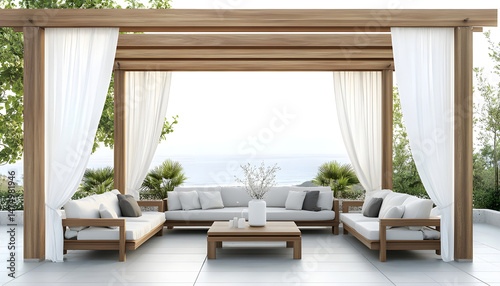 Obraz na płótnie Elegant outdoor lounge area with white curtains and ocean view for relaxation and tranquility. A serene outdoor lounge area with flowing white curtains and beautiful ocean view w salonie