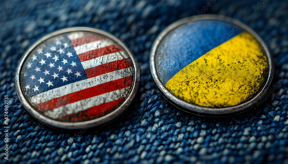 Badges of United States and Ukraine resting on textured blue surface, representing solidarity. Close-up of two badges displaying flags of United States and Ukraine, set against textured blue backdrop