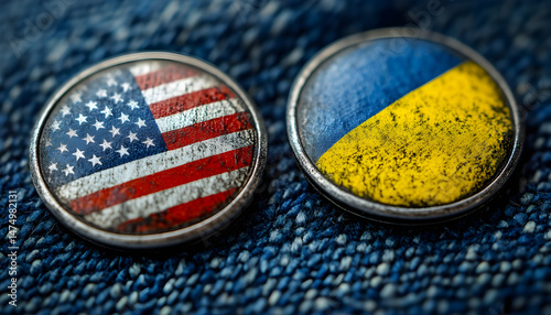 Obraz na płótnie Badges of United States and Ukraine resting on textured blue surface, representing solidarity. Close-up of two badges displaying flags of United States and Ukraine, set against textured blue backdrop w salonie
