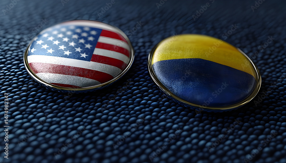 Badges of United States and Ukraine resting on textured blue surface, representing solidarity. Close-up of two badges displaying flags of United States and Ukraine, set against textured blue backdrop