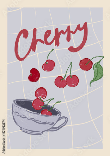 Wallpaper Mural Vector fruit poster of cherry, leaves and cup. Hand-drawn garden harvest sketch. Tasty food illustration for restaurant and cafe interior, fruit market drawing print, fabric or background. Torontodigital.ca