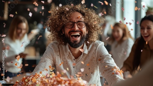 A cheerful man, surrounded by friends, bursts into laughter as colorful confetti rains down on him, capturing the essence of celebration and the joy of shared moments with loved ones.