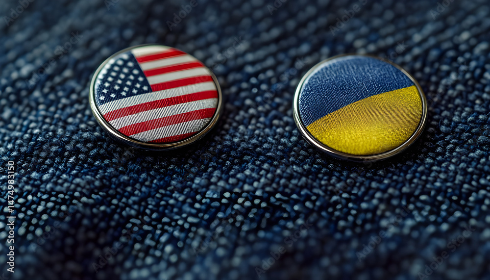 Badges of United States and Ukraine resting on textured blue surface, representing solidarity. Close-up of two badges displaying flags of United States and Ukraine, set against textured blue backdrop