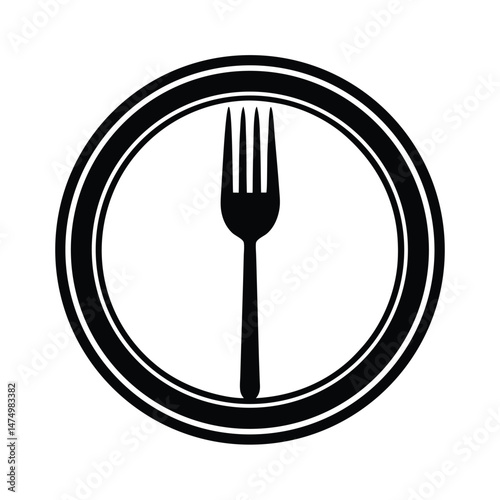 Simple black and white fork symbol displayed within a circular frame for a minimalist and elegant design element