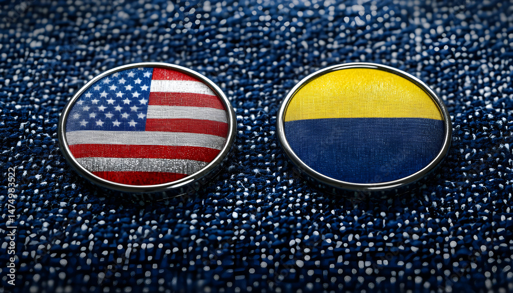 Badges of United States and Ukraine resting on textured blue surface, representing solidarity. Close-up of two badges displaying flags of United States and Ukraine, set against textured blue backdrop