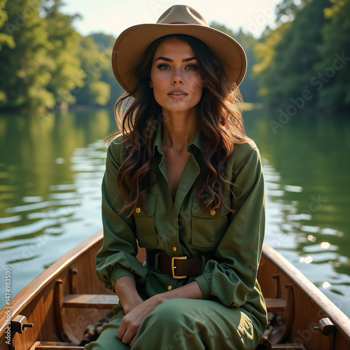 Young woman in a hat and a stylish green suit sits serenely in a boat on a calm lake