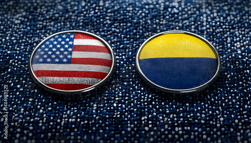 Obraz na płótnie Badges of United States and Ukraine resting on textured blue surface, representing solidarity. Close-up of two badges displaying flags of United States and Ukraine, set against textured blue backdrop w salonie