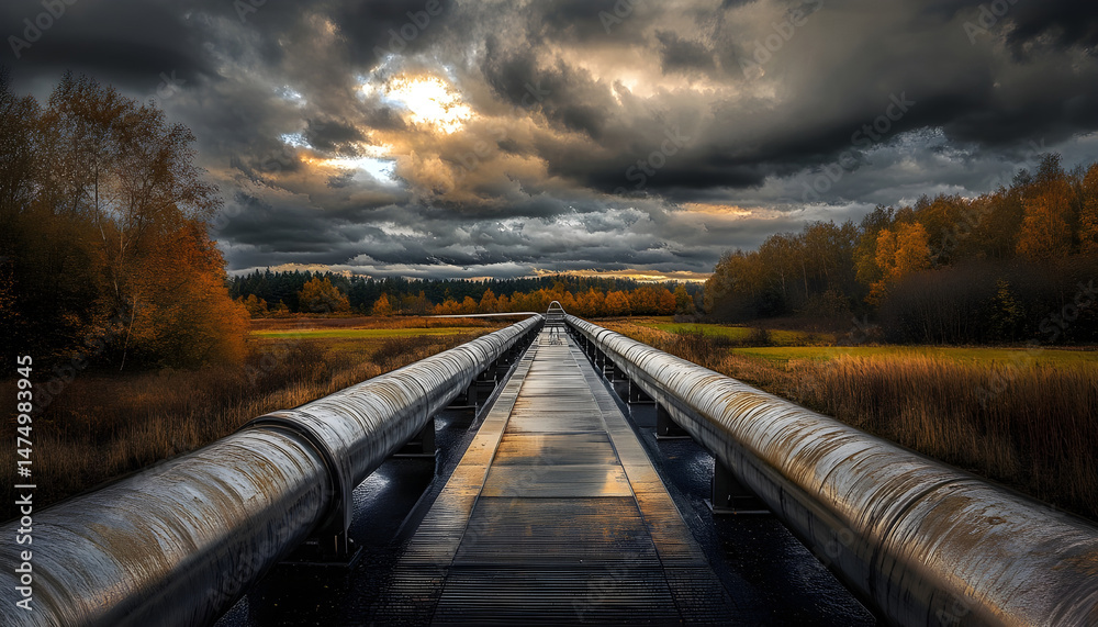 A sprawling industrial complex featuring extensive pipelines against a dramatic cloudy sky. Dramatic view of an industrial plant with long pipelines extending across the landscape under a cloudy sky