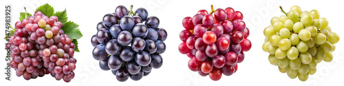 Isolated Bunches of Grapes Collection - Red, Purple, Currant, and Green Grape Varieties on Transparent Background for Food Packaging, Wine Labels, and Culinary Design