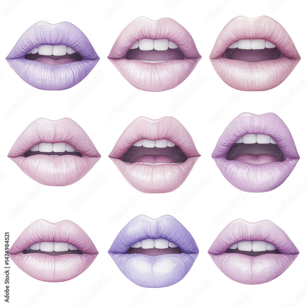 Obraz premium Lips in various shades of purple and pink, showcasing different expressions and textures. image features grid of nine lips, each with unique color gradients and subtle details