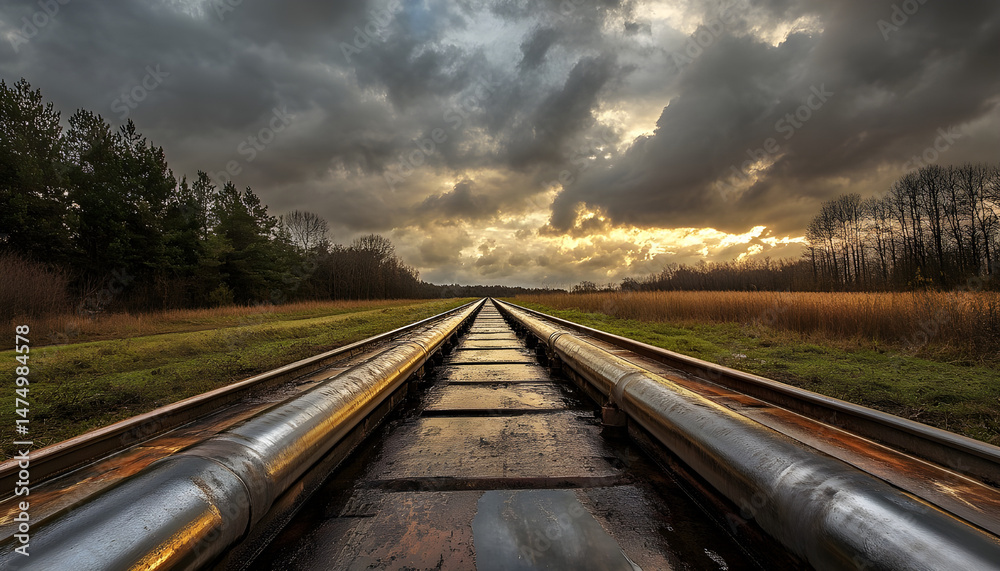 A sprawling industrial complex featuring extensive pipelines against a dramatic cloudy sky. Dramatic view of an industrial plant with long pipelines extending across the landscape under a cloudy sky