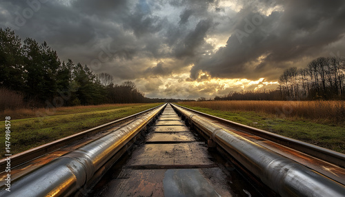 Obraz na płótnie A sprawling industrial complex featuring extensive pipelines against a dramatic cloudy sky. Dramatic view of an industrial plant with long pipelines extending across the landscape under a cloudy sky w salonie