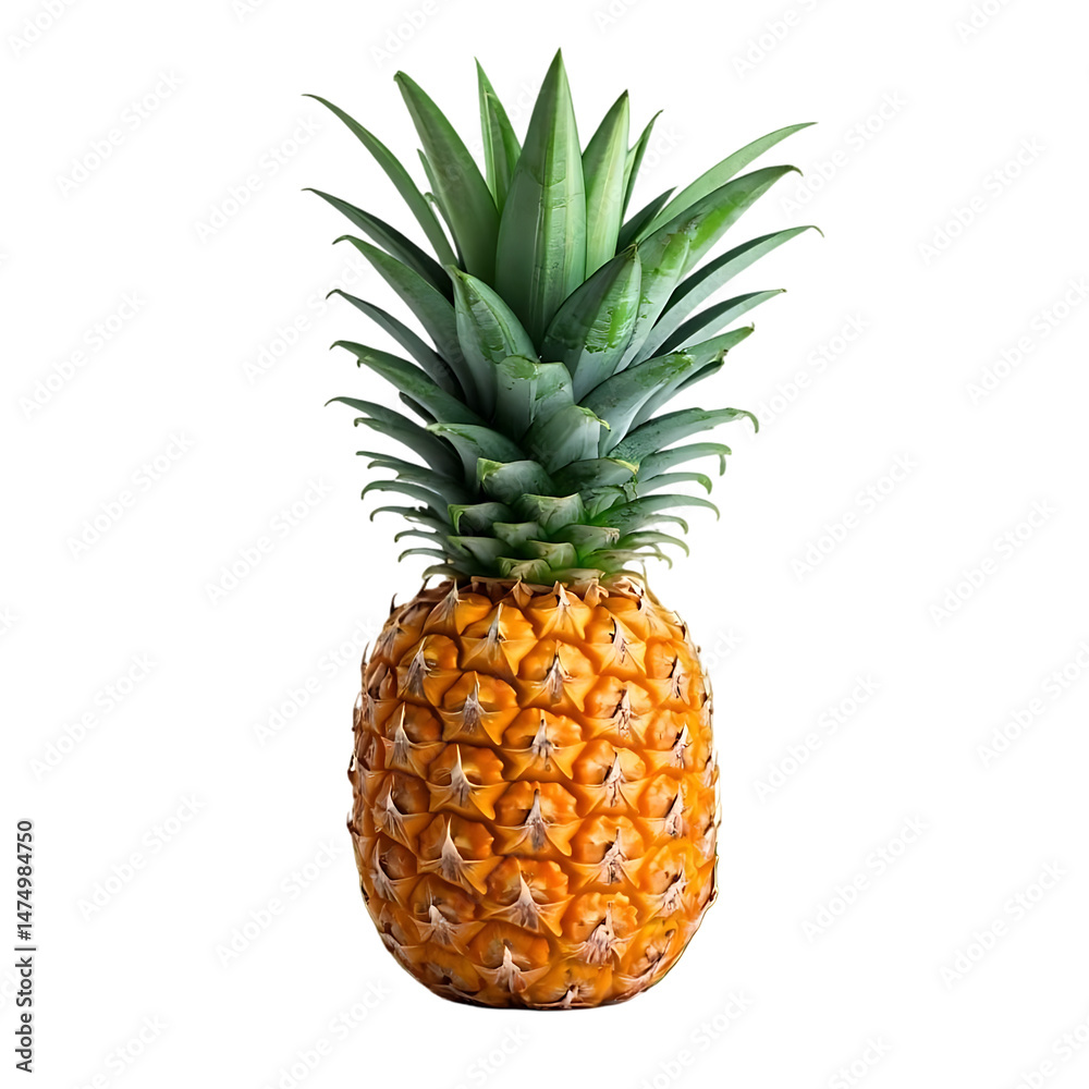 Fototapeta premium Vibrant close-up of a ripe pineapple with spiky green leaves against a transparent background.