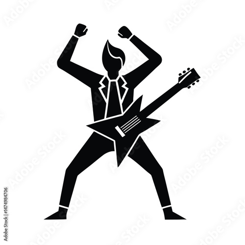 A stylized black and white silhouette of a rock star playing an electric guitar with enthusiastic gestures