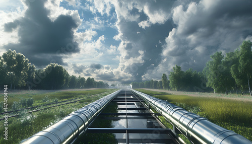 Obraz na płótnie A sprawling industrial complex featuring extensive pipelines against a dramatic cloudy sky. Dramatic view of an industrial plant with long pipelines extending across the landscape under a cloudy sky w salonie