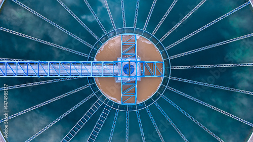 Cuadro en lienzo Aerial view circular clarifier tank at wastewater treatment plant, Industrial infrastructure, Environment technology sustainable water management system, Sedimentation tank circular clarifier