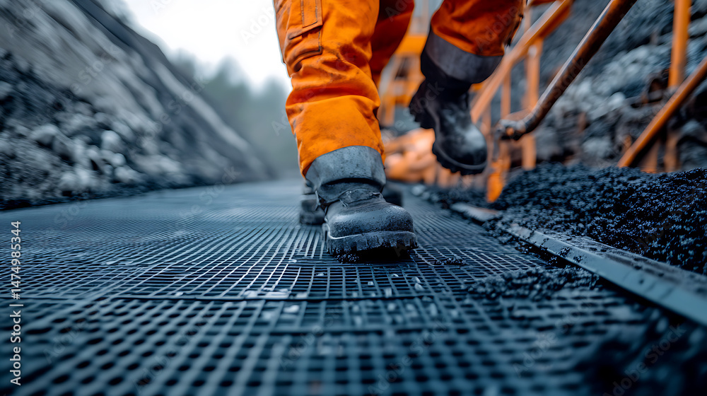Worker Walking on Industrial Pathway Worker Walking on Industrial Pathway