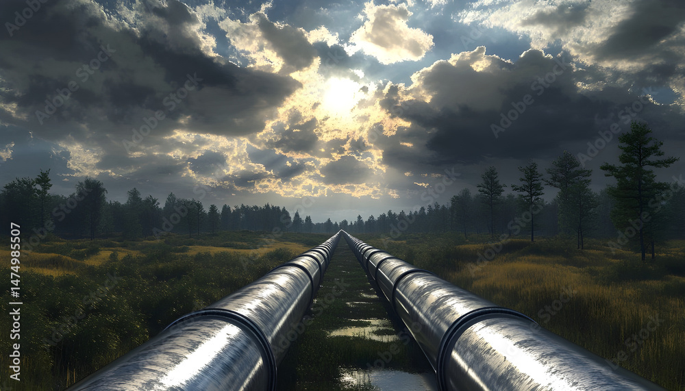 A sprawling industrial complex featuring extensive pipelines against a dramatic cloudy sky. Dramatic view of an industrial plant with long pipelines extending across the landscape under a cloudy sky