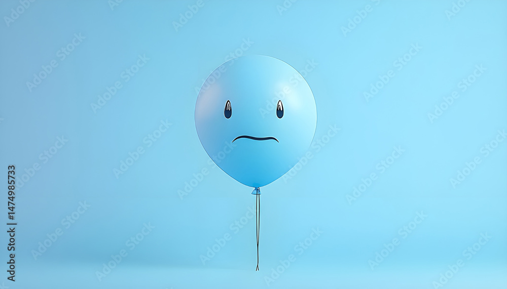 A balloon with a sad face against a blue background