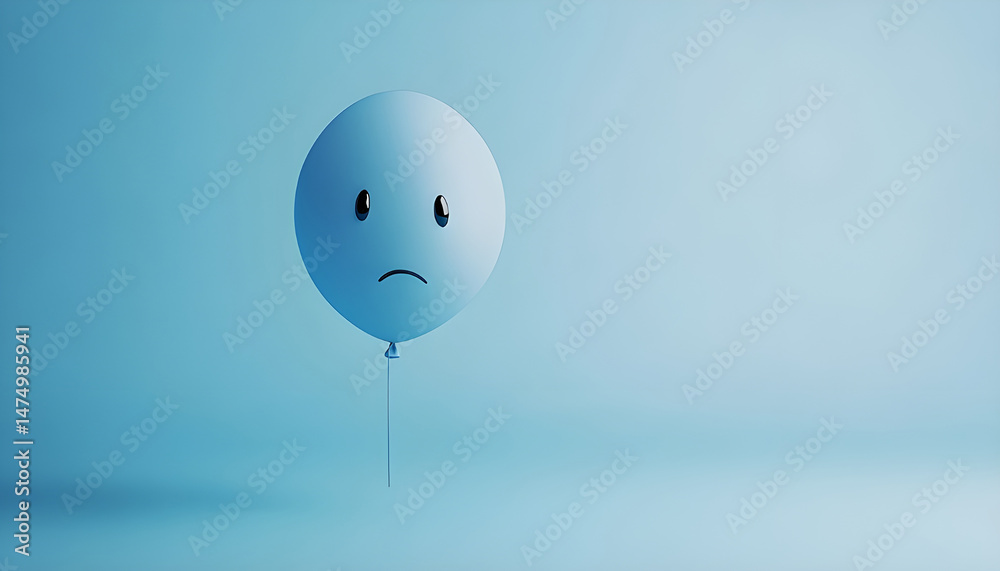 A balloon with a sad face against a blue background