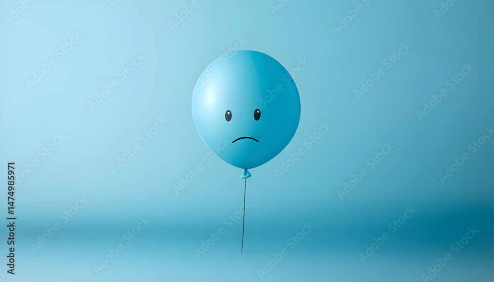 A balloon with a sad face against a blue background