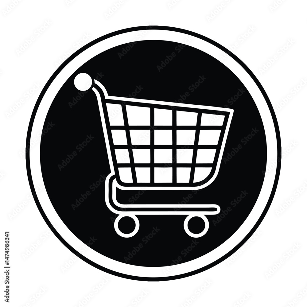 Black and white illustration featuring a shopping cart icon inside of a modern rounded circular shape. Black and white illustration featuring a shopping cart icon inside of a modern rounded circular shape.
