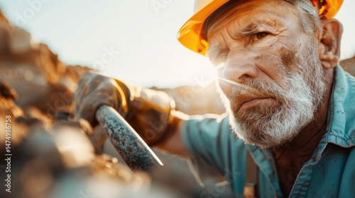 An elderly man with a serious expression works on machinery, highlighting diligence and experience in a dusty outdoor environment. His focus reflects a lifetime in labor. photo